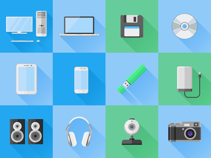 Vector set of electronic and computer devices flat icons.   illustration.
