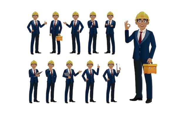 set of engineer with different poses