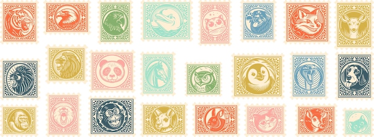 set of engraving animal face Postage Stamp Retro style postage sticker collection famous animal