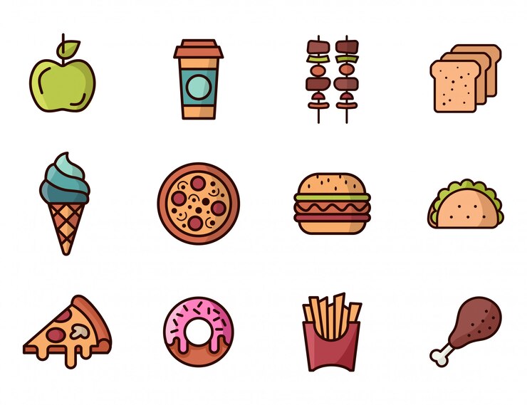 Set of fast food icons colored. Pizza, burger, donut, taco