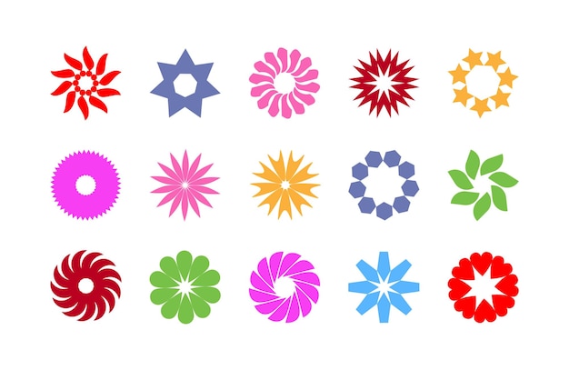 Set of fifteen abstract flower star and geometric icons for creative projects Red purple blue green and orange