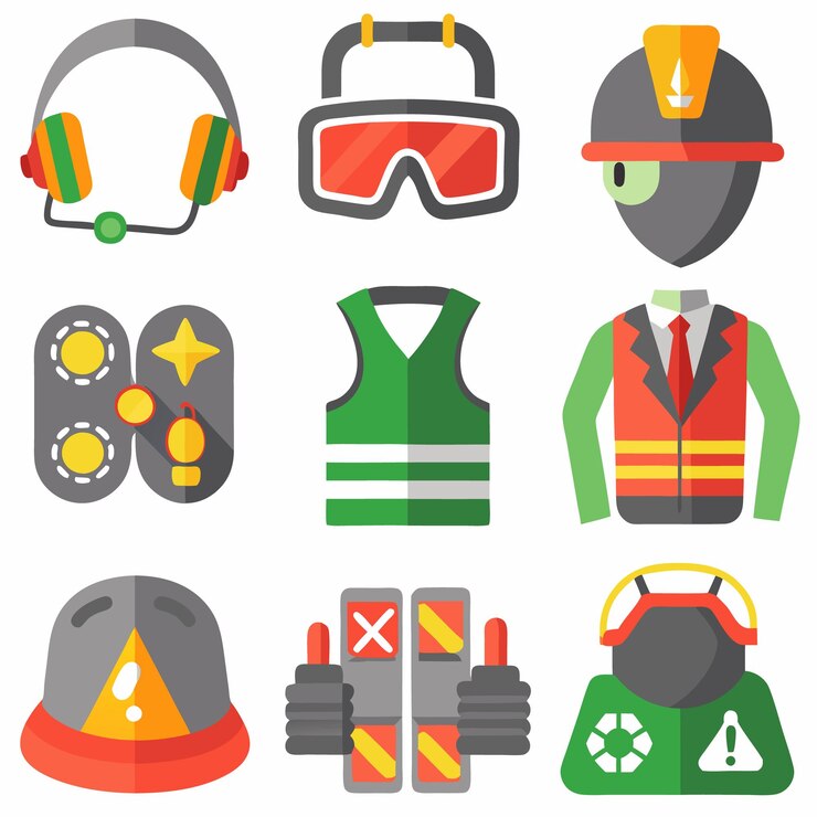 Vector set of flat icons for safety equipment and tools