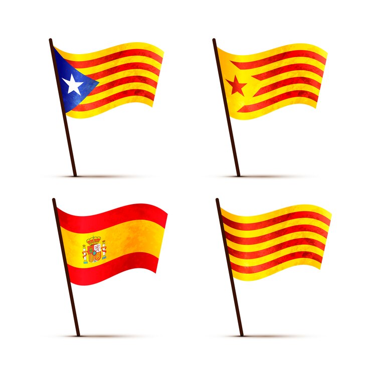 Vector set of free catalan, senyera, estelada blava and spain flags on a pole with shadow isolated