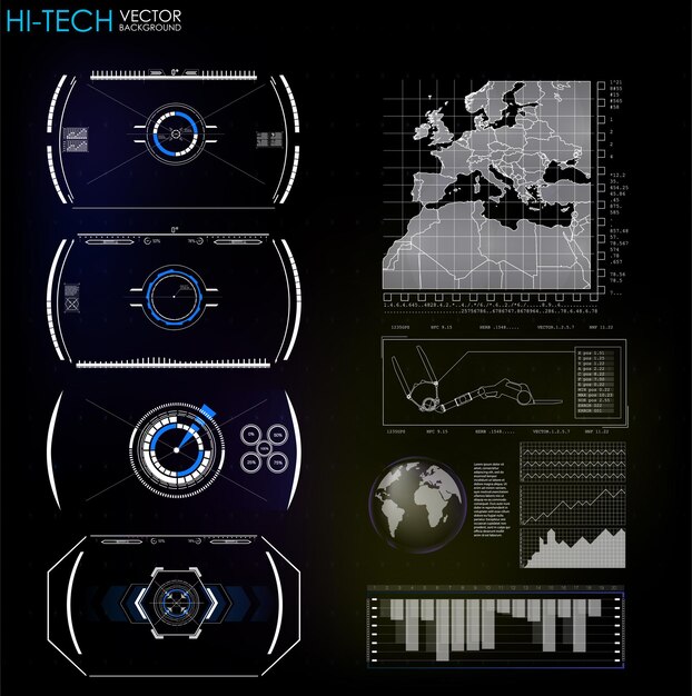 Set of futuristic blue infographics as headup display Display navigation elements