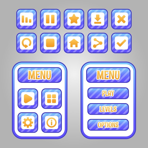 set of game menu selection for rpg and adventure game, including menu, level selection and options.