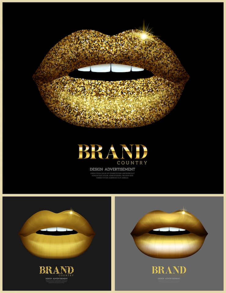 Vector set of glitter glossy lips beauty and wellness items fashion banner with golden lips