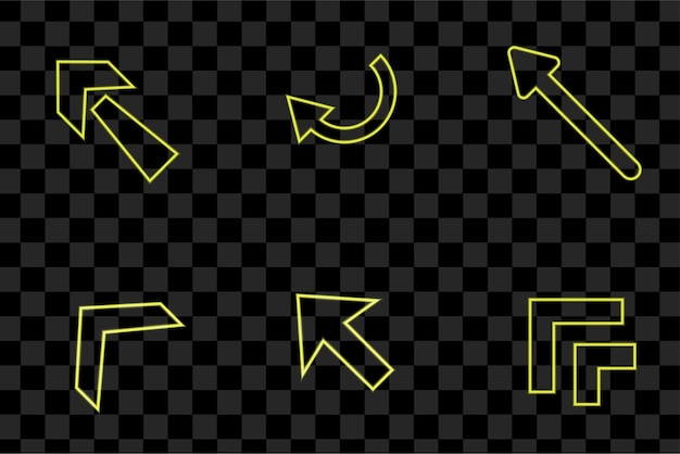 Set of glowing neon arrows. Glowing neon arrow pointers on brick wall background. Retro signboard