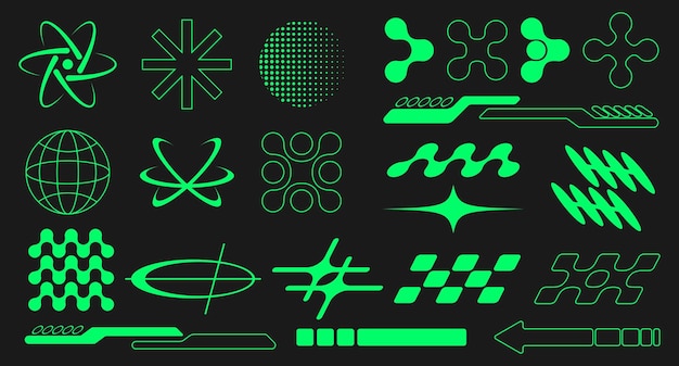 Set of green abstract retro futuristic Y2K elements and shapes isolated on a black background