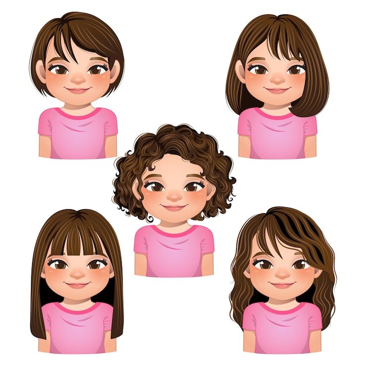 Vector set of hairstyle for girls girls faces avatars brown hair kid heads different hairstyle vector