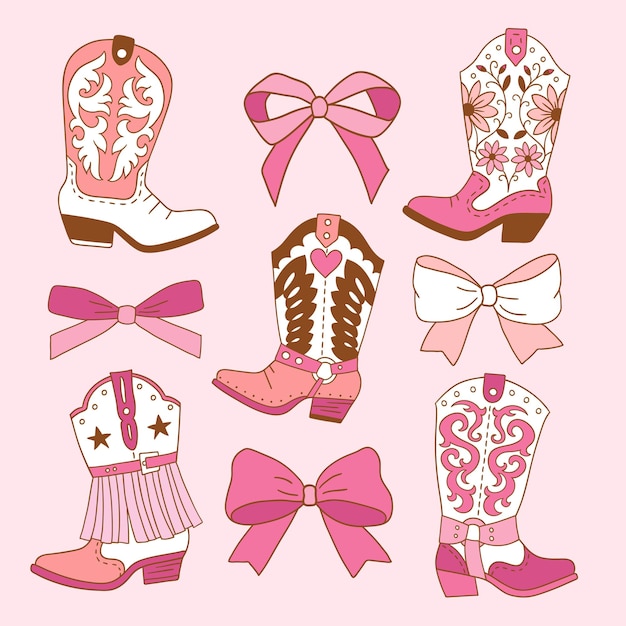 set of hand drawn pink vector bows and western boots for clipart sticker or nursery design