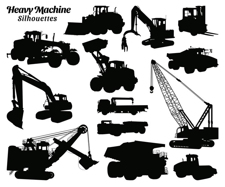 Set of heavy machinery silhouette vector illustrations