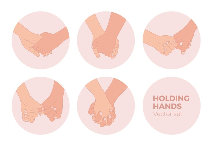 Vector set of holding hands of lovers or friends. interlocking of hands between pairs or couples.