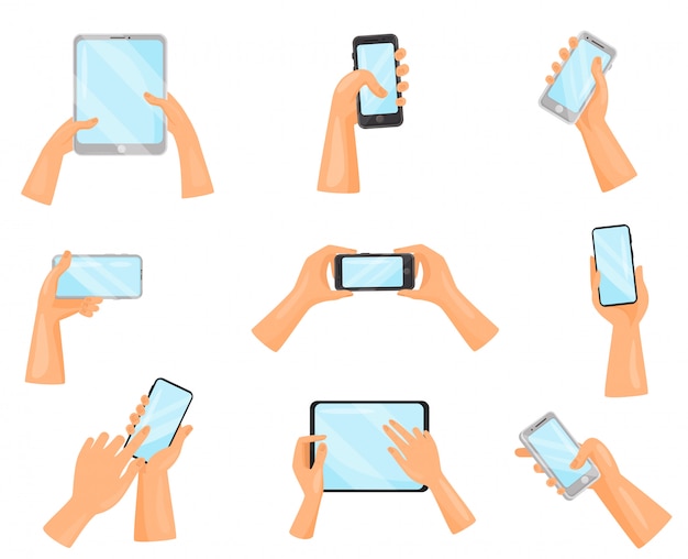   set of human hands with mobile phones and digital tablets. Gadgets with touch screens. Electronic devices