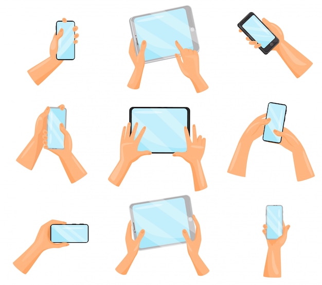   set of human hands with smartphones and tablet computers. Electronic gadgets. Digital devices