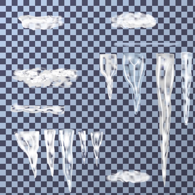Set of icicles different sizes forms and shades with pieces of snow and ice you can simply construct different groups of icicles vector