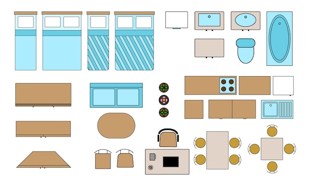 Set of icons furniture and equipment for drawing up an apartment plan floor plan in top birds view