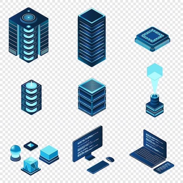 Set of isometric computer technology Isometric set server equipment Technology isometric icons Digital technology items Vector illustration