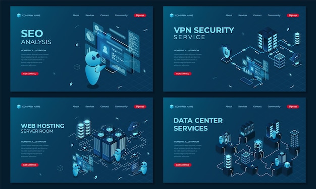 set of isometric landing page templates modern technology concept for seo analysis web hosting technology and datacenter with server