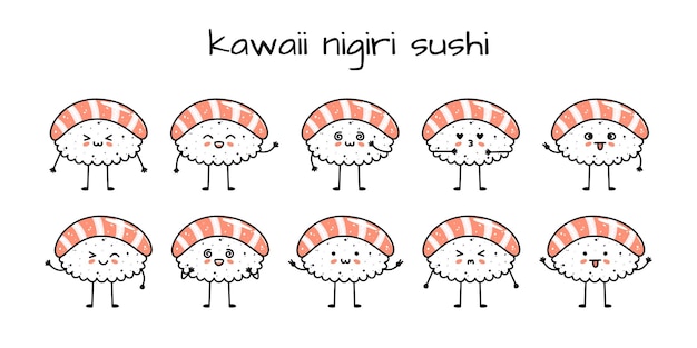 Set of kawaii nigiri sushi mascots in cartoon style