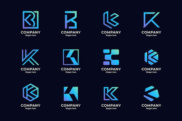 Set of letter k logo with blue and purple gradient color style and dark blue background suitable for business enterprises technology etc