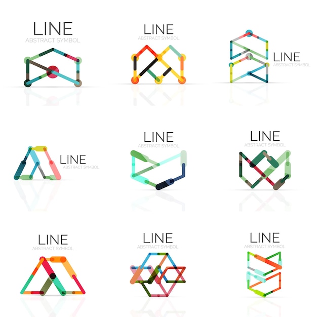 set of linear abstract logos connected multicolored segments lines in geometrical figures
