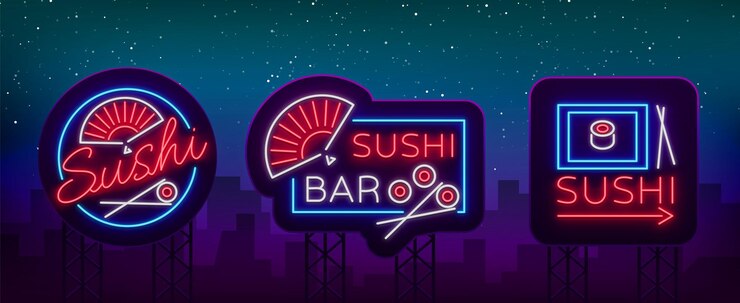 Vector set of logos signs in neon style on sushi japanese food seafood
