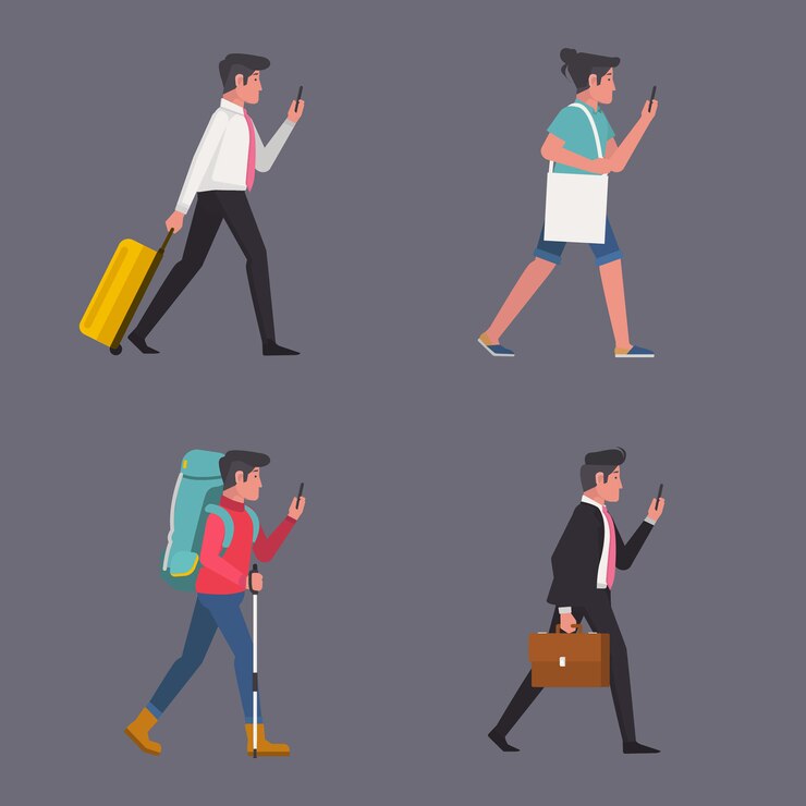 Vector set of male walking with bags and suitcases looking at the screen of his phone