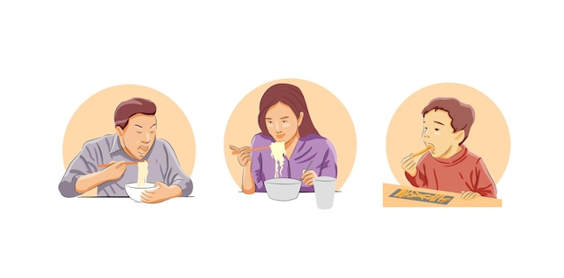 set of man woman children eating food bowl noodle and french fries