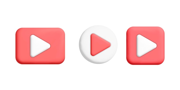 set of minimal style 3d vector red white round square rectangle play button icon web app ui element