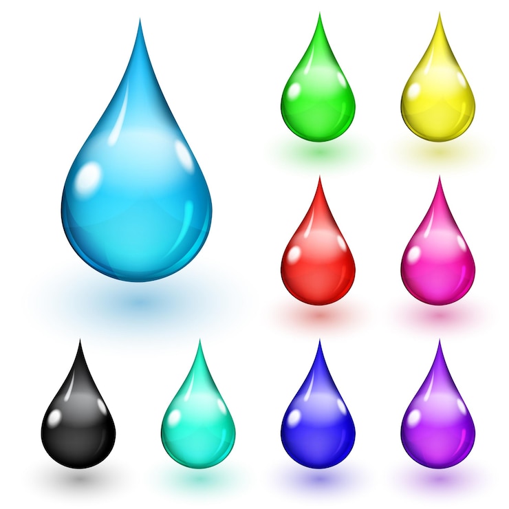 Vector set of multicolored drops with shadows on white background
