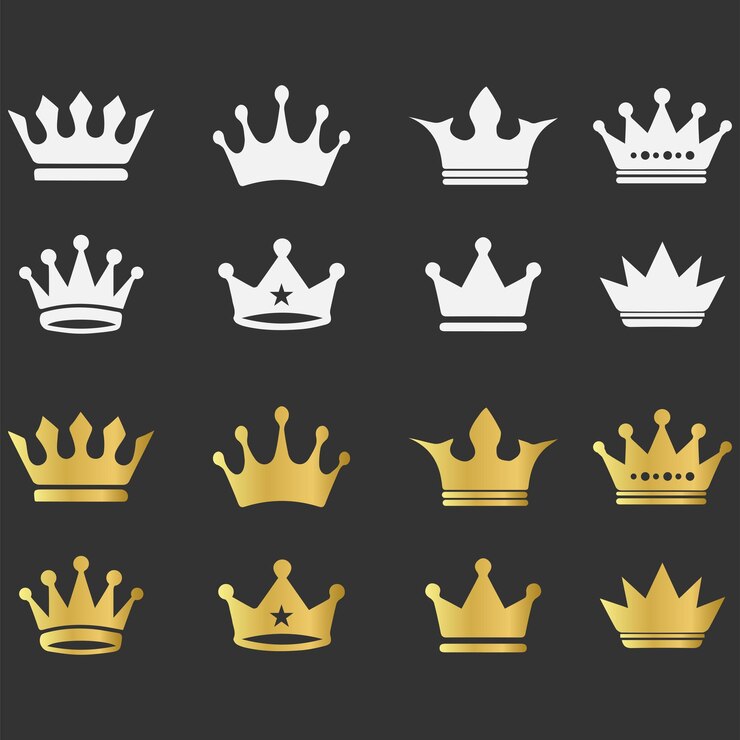 Set of of black vector king crowns and icon Vector Illustration Emblem and roual symbols