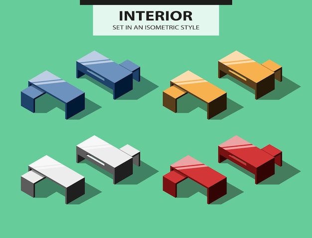 set of office tables in isometric style. vector