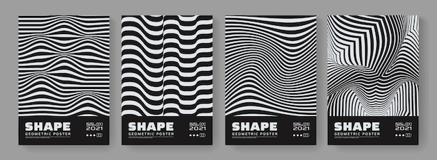 set of optical illusion posters. abstract stripes. 3d wavy lines background.