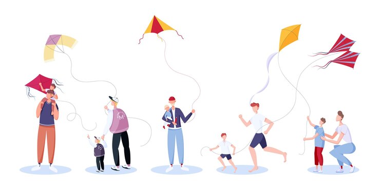 Set of people with kids flying kites outdoors Father and son with flying wind toy in hands