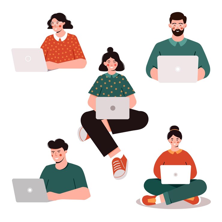 Set of peoples Working on Laptops in Different Poses for Office Freelance and Remote Work