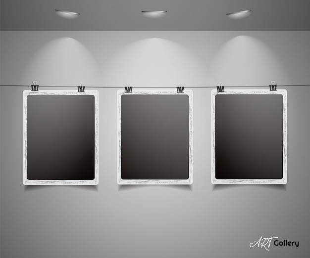 Set of photos on thread with lighting Art gallery of photo frames hanged on rope Vector mockup design template