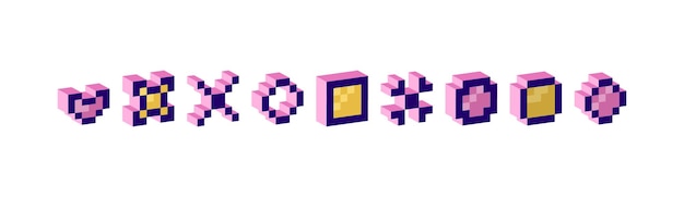 set of pixel 3d elementsmodern trendy y2k design geometric threedimensional figures and shapes pixel