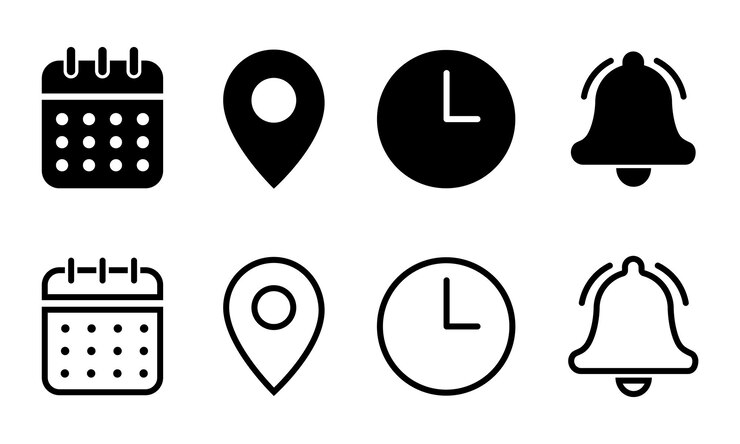 set of Place Time Date and Notification line icons Calendar address location pointer and alarm