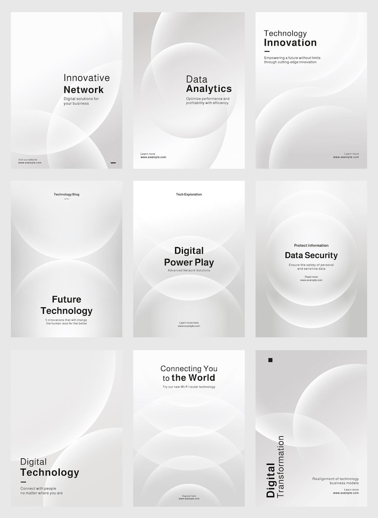 Vector set of poster templates in gray with digital technology and data security poster template vector set