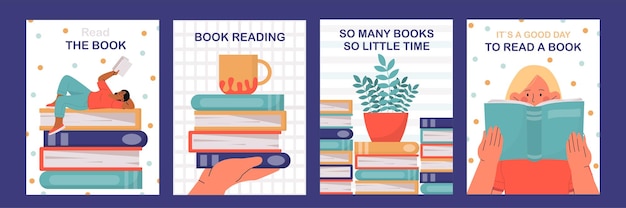 set of posters with books concept knowledge and information students with stacks of textbooks