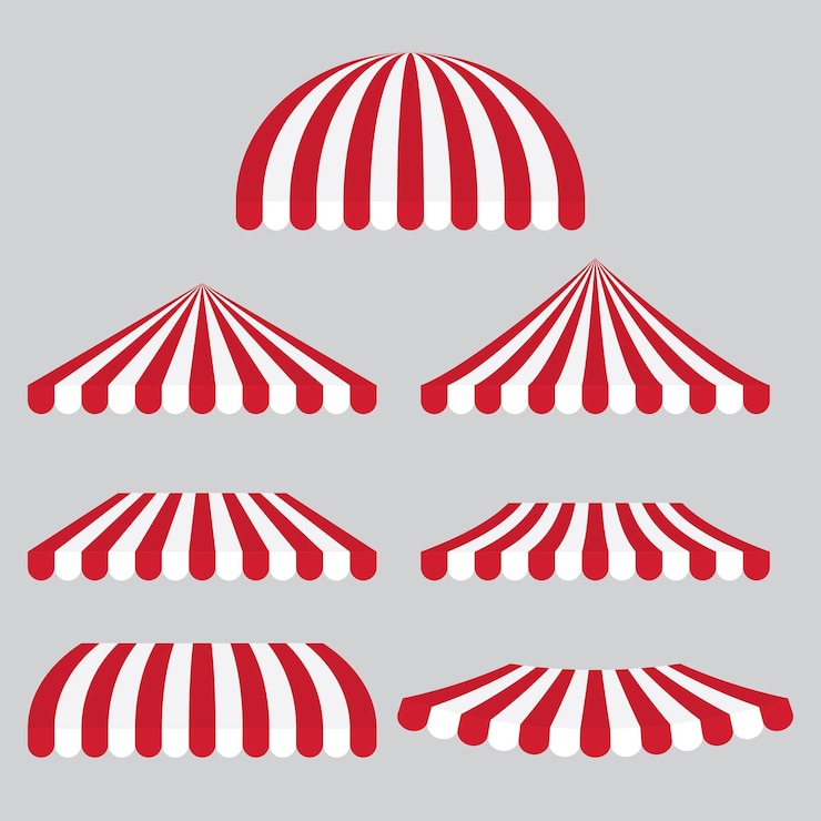 Vector set of red and white stripes awning tent flat vector illustration