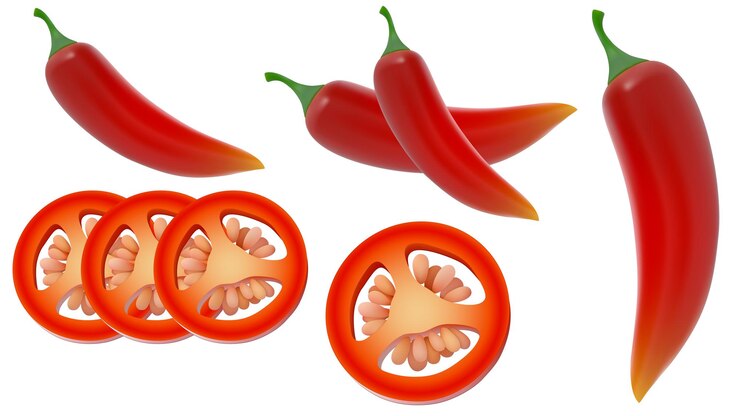 Vector set of red hot chili peppers with sliced pieces fresh organic chili pepper isolated on a white