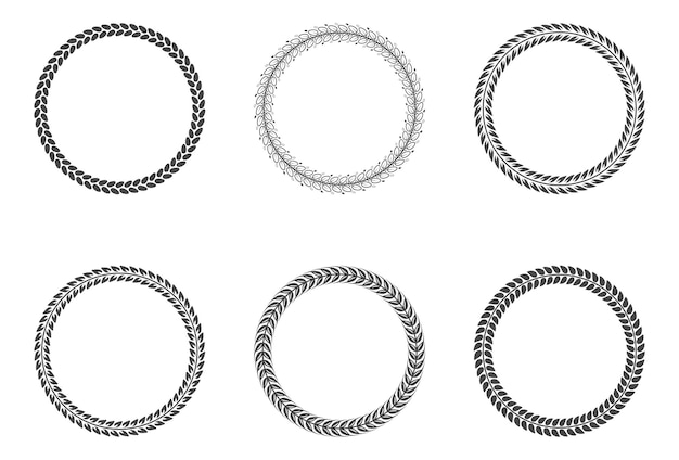 set of round black and white frames from laurel branches with foliage vector illustration