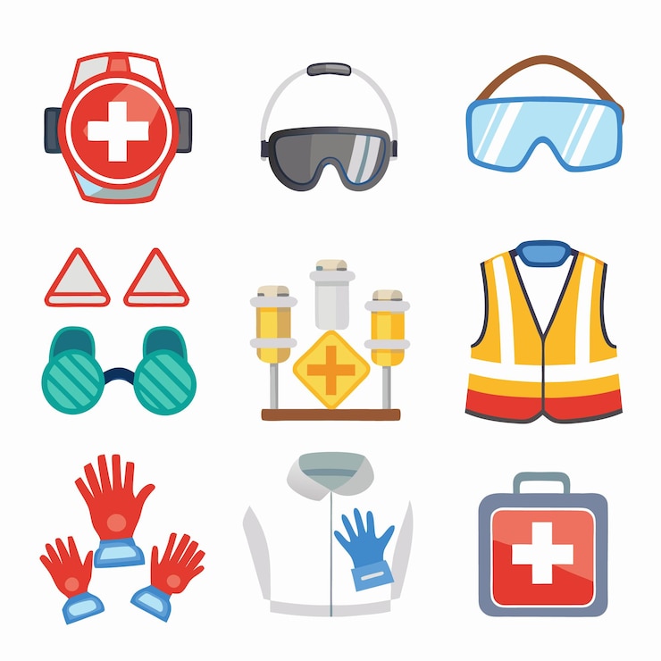 Vector set of safety equipment icons for construction health and industrial workers