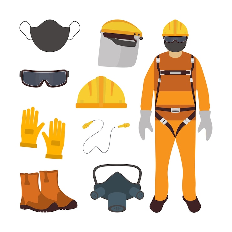 Vector set of safety tools for engineer in flat element style.
