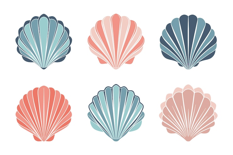 Vector set of scallop shell logos collection of isolated colored scallop silhouettes on white background