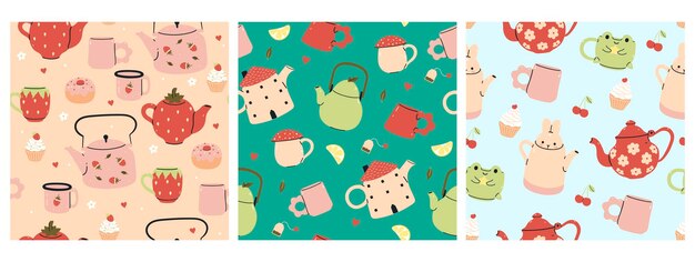 set of seamless patterns with cute teapots and cups vector image