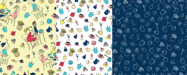 Set of seamless patterns with hand drawn cafe scenes and objects