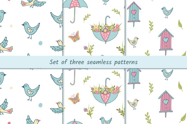 Set of Seamless Spring patterns with cute birds, birdhouse, umbrella and flowers in cartoon style.