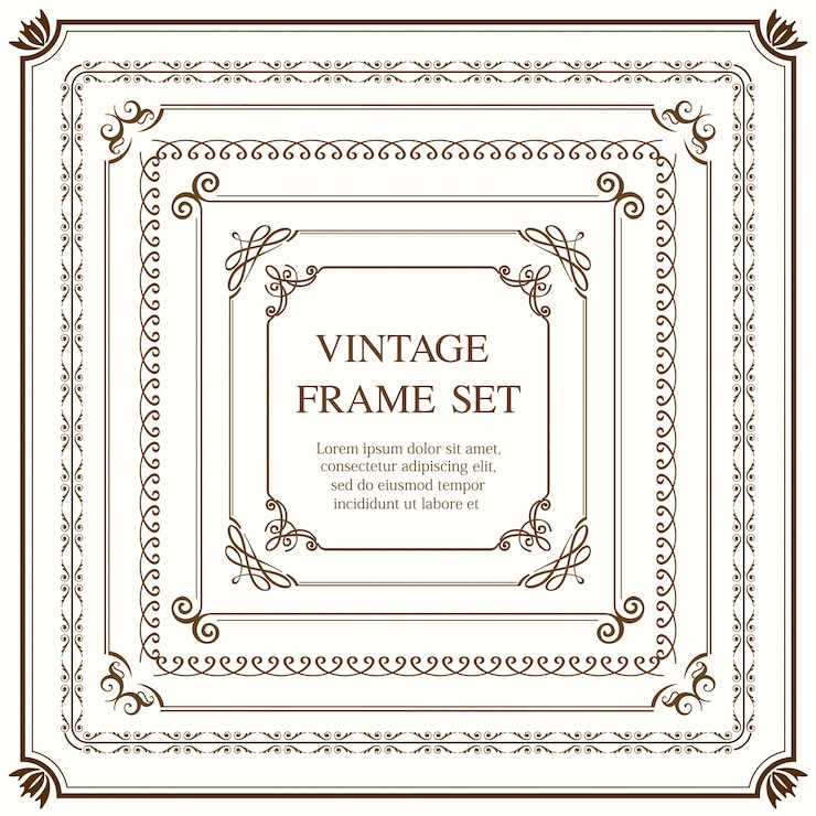 Vector set of seven square vintage frames isolated on a plain background.  illustration.